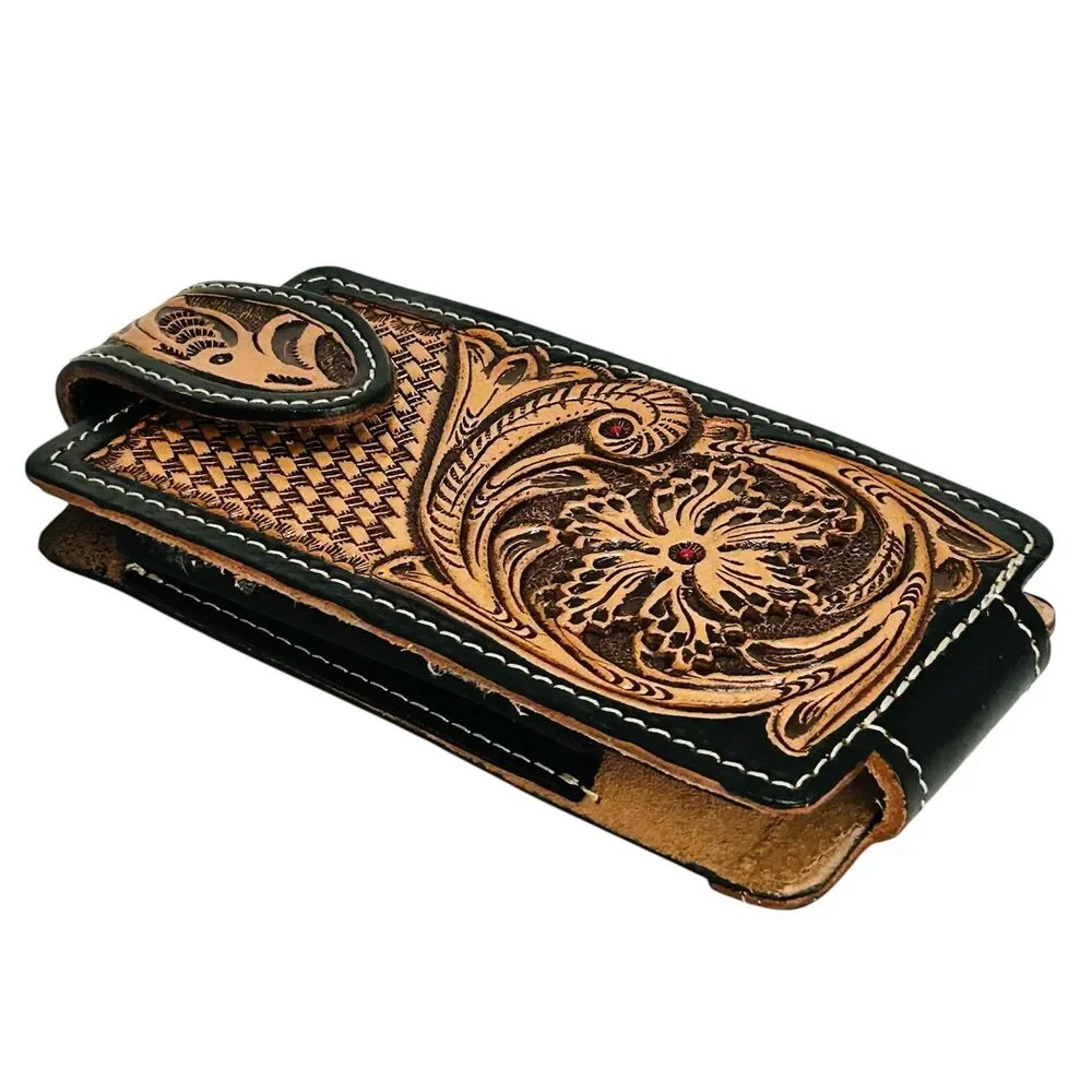 Western Leather Cell Phone holster black - hand tooled,Funda de piel vaquera